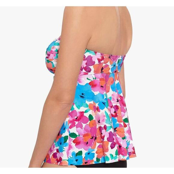 Swim Solutions Pink Blue Green Floral Twisted Bandeau Tankini Top 16 NWT - Picture 2 of 3